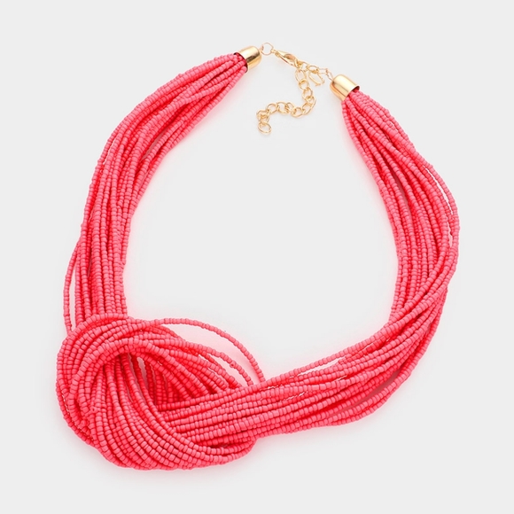 Pink Multi Strand Beaded Bohemian Necklace Knot Bib Seed Chain Boho Set - Picture 2 of 3